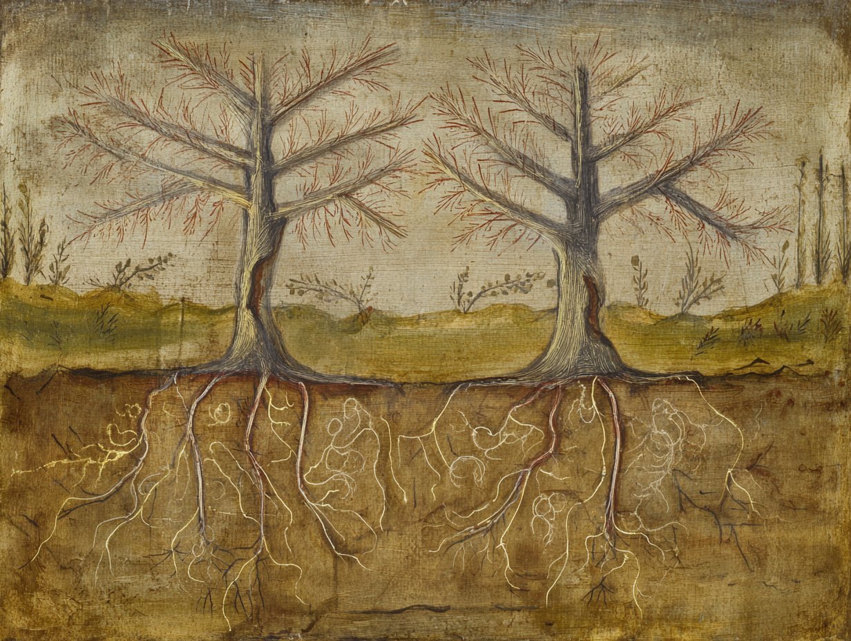 Two trees with intertwined roots holding human figures below ground