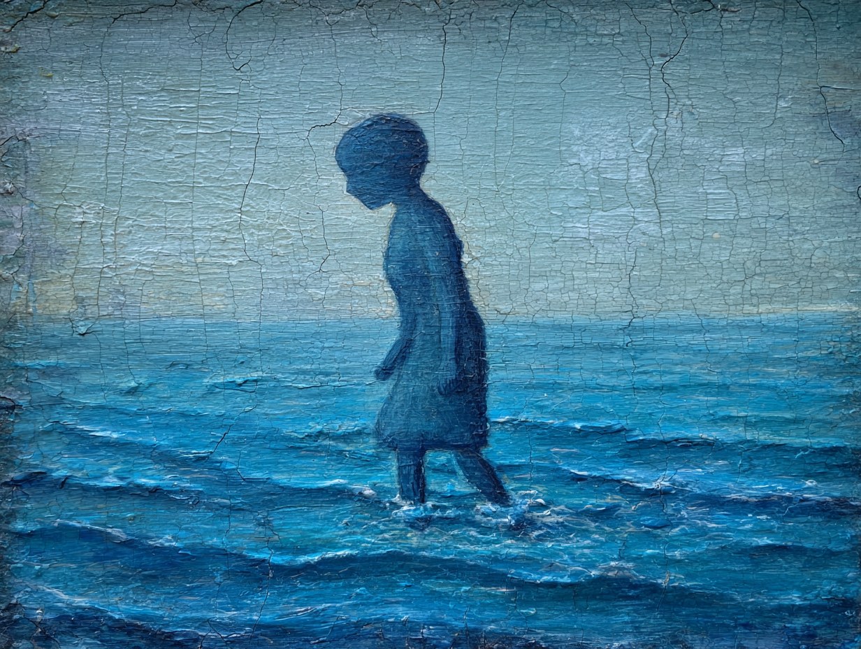 A small figure wading alone in shallow blue water