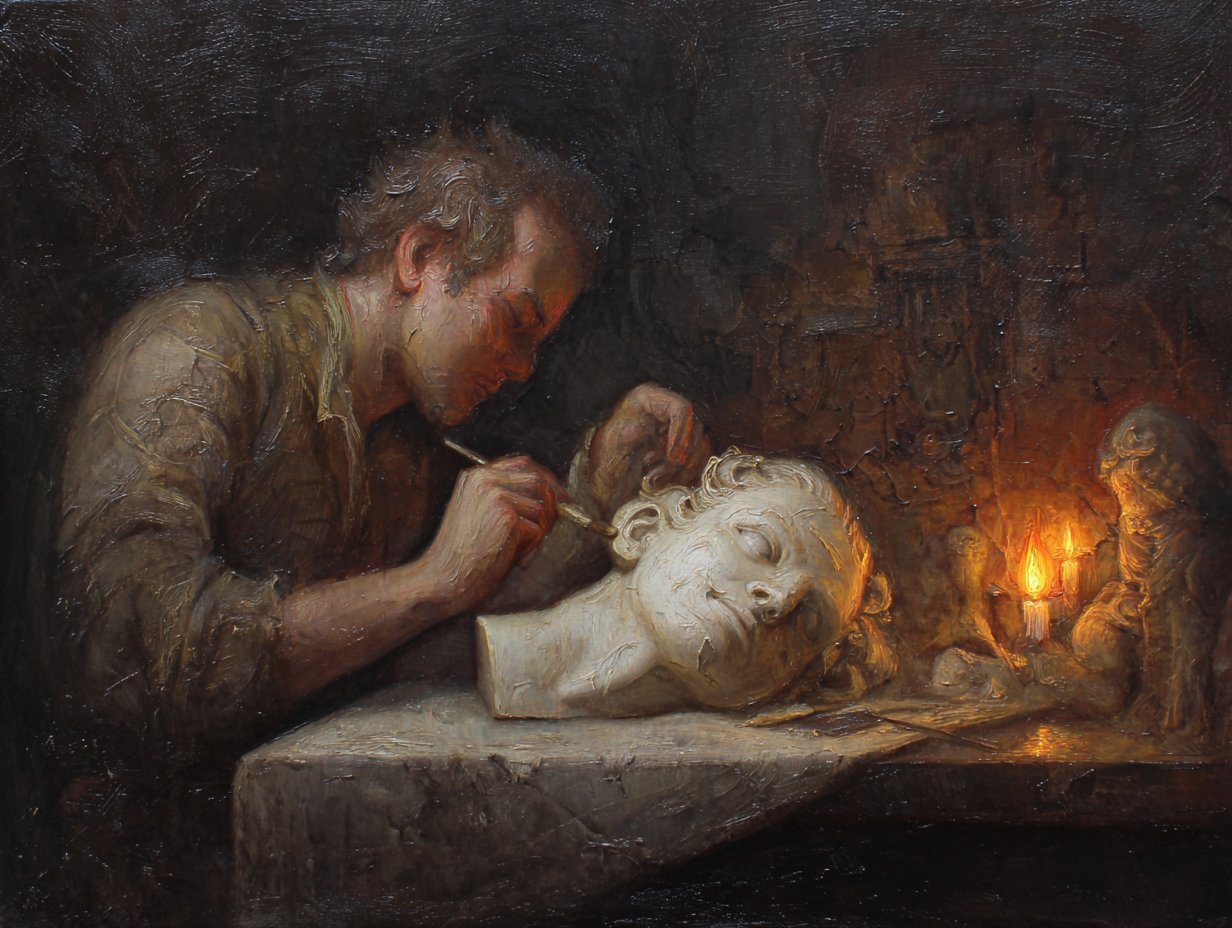 A sculptor carving by candlelight