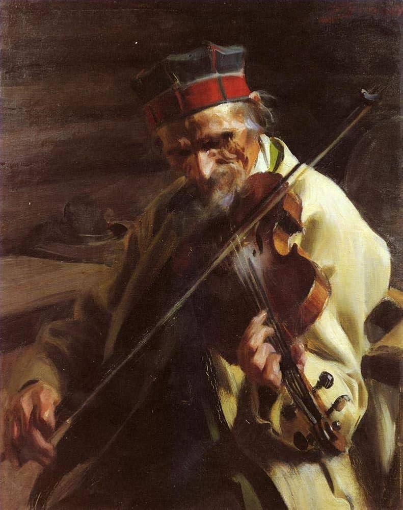 An old musician absorbed in playing, the instrument an extension of him