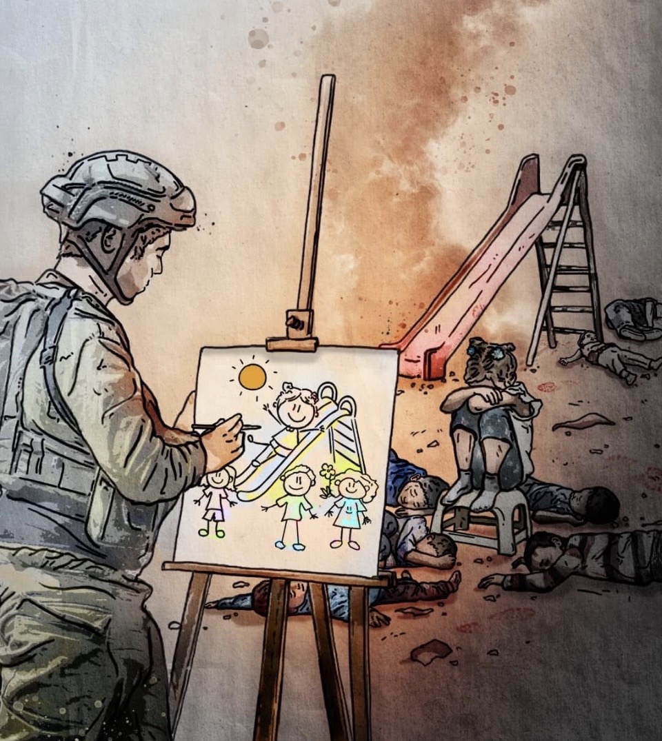 A soldier at an easel painting children playing, surrounded by the aftermath of what he caused