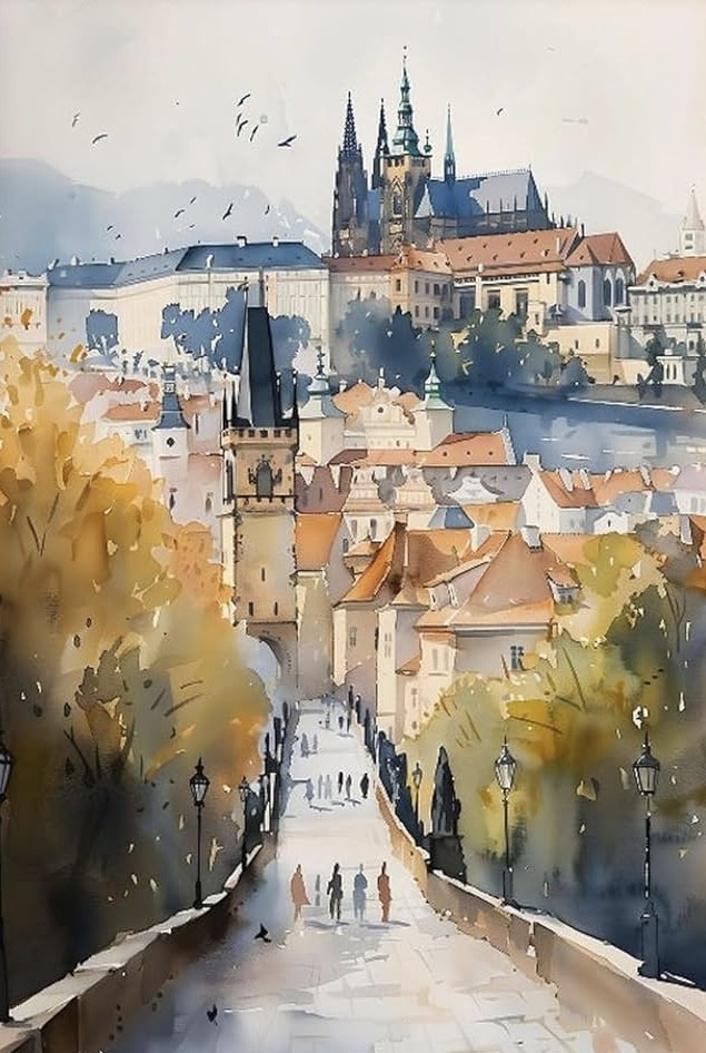 A watercolor of an old European city in soft autumn light, figures walking on a bridge toward a distant castle