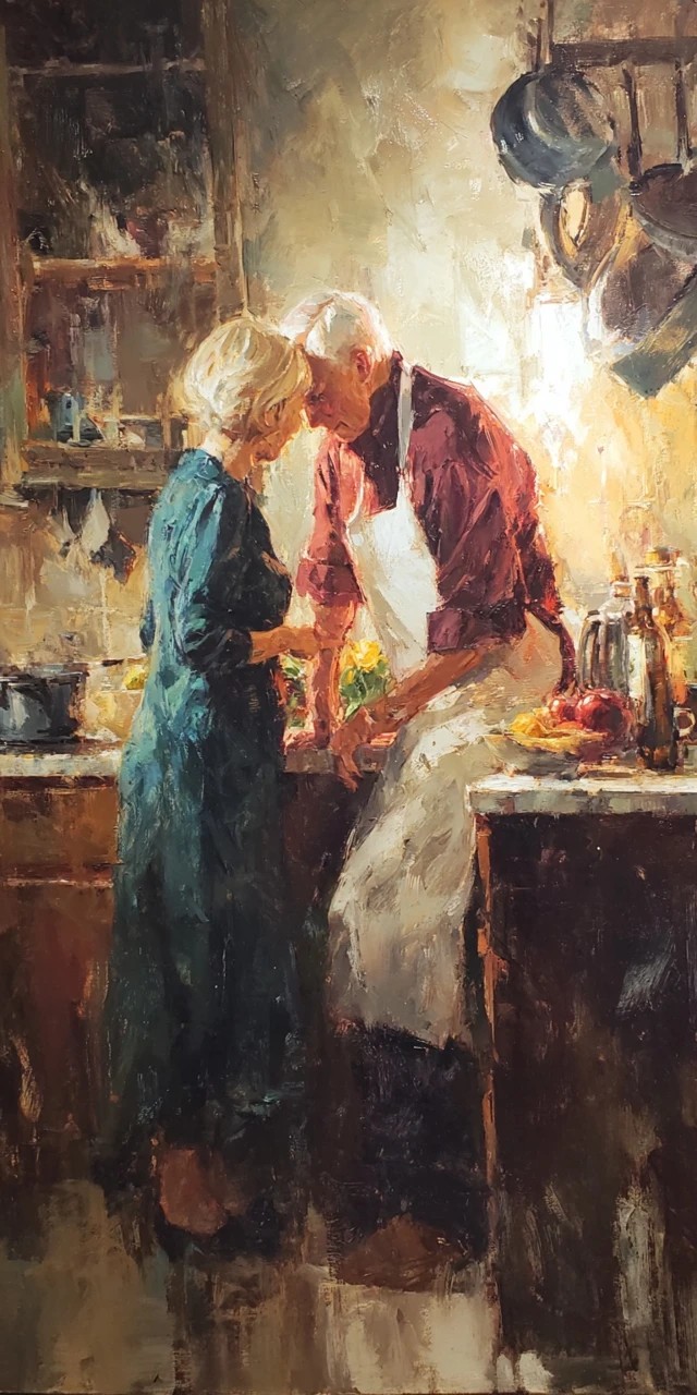 An older couple together in their kitchen, the husband leaning in close, soft lamplight