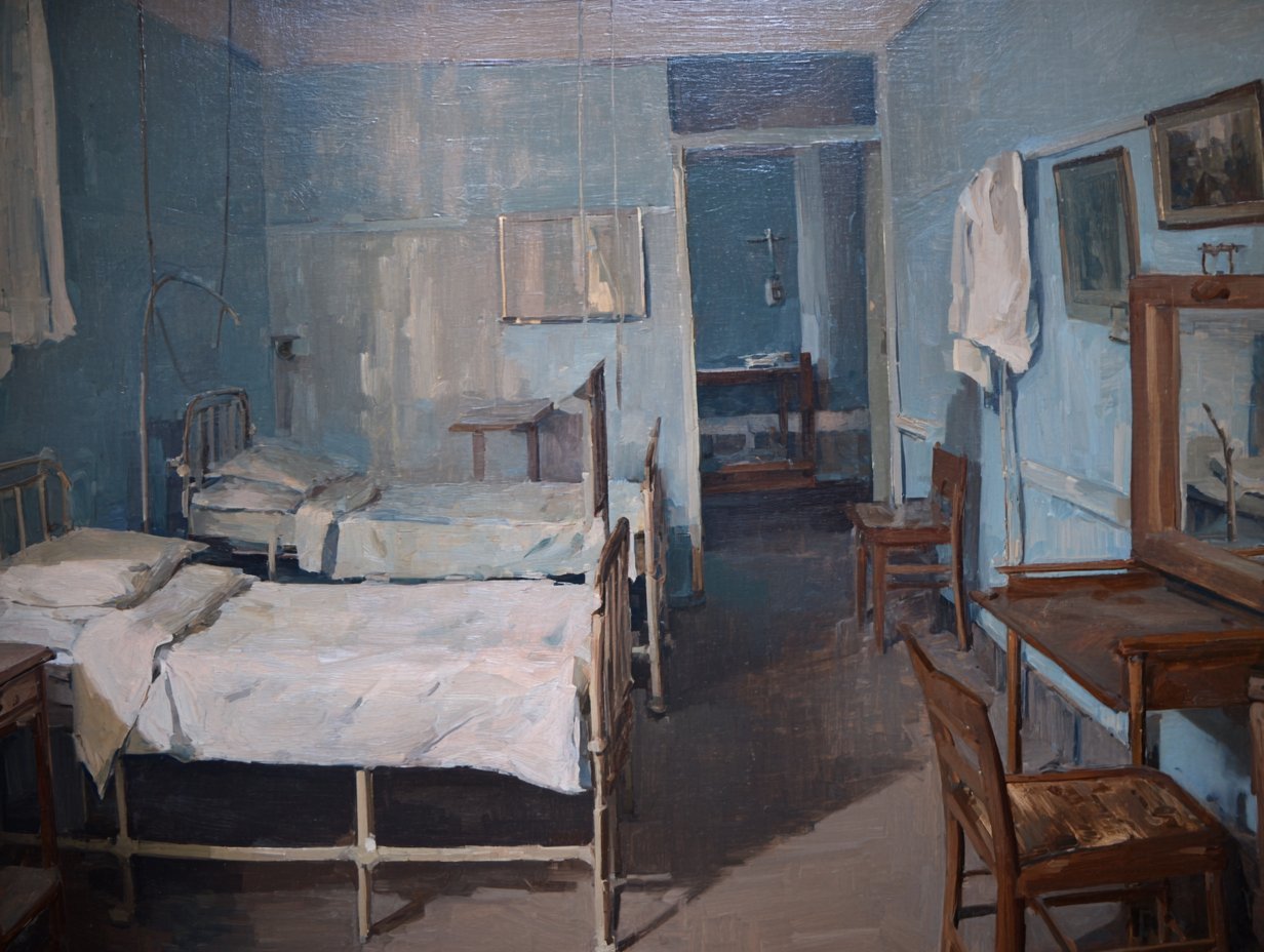 An empty hospital room, still and dim