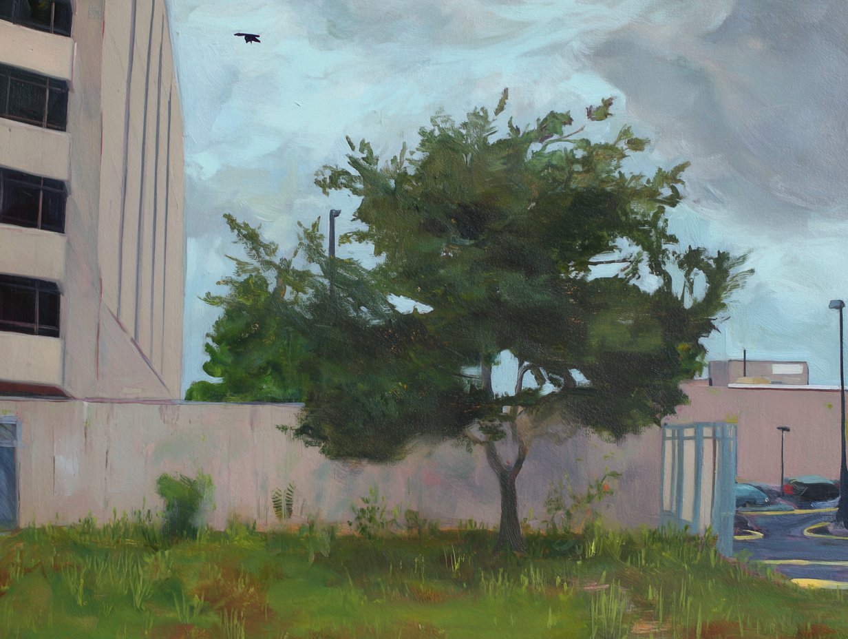 A hospital window with a tree beyond, first morning light