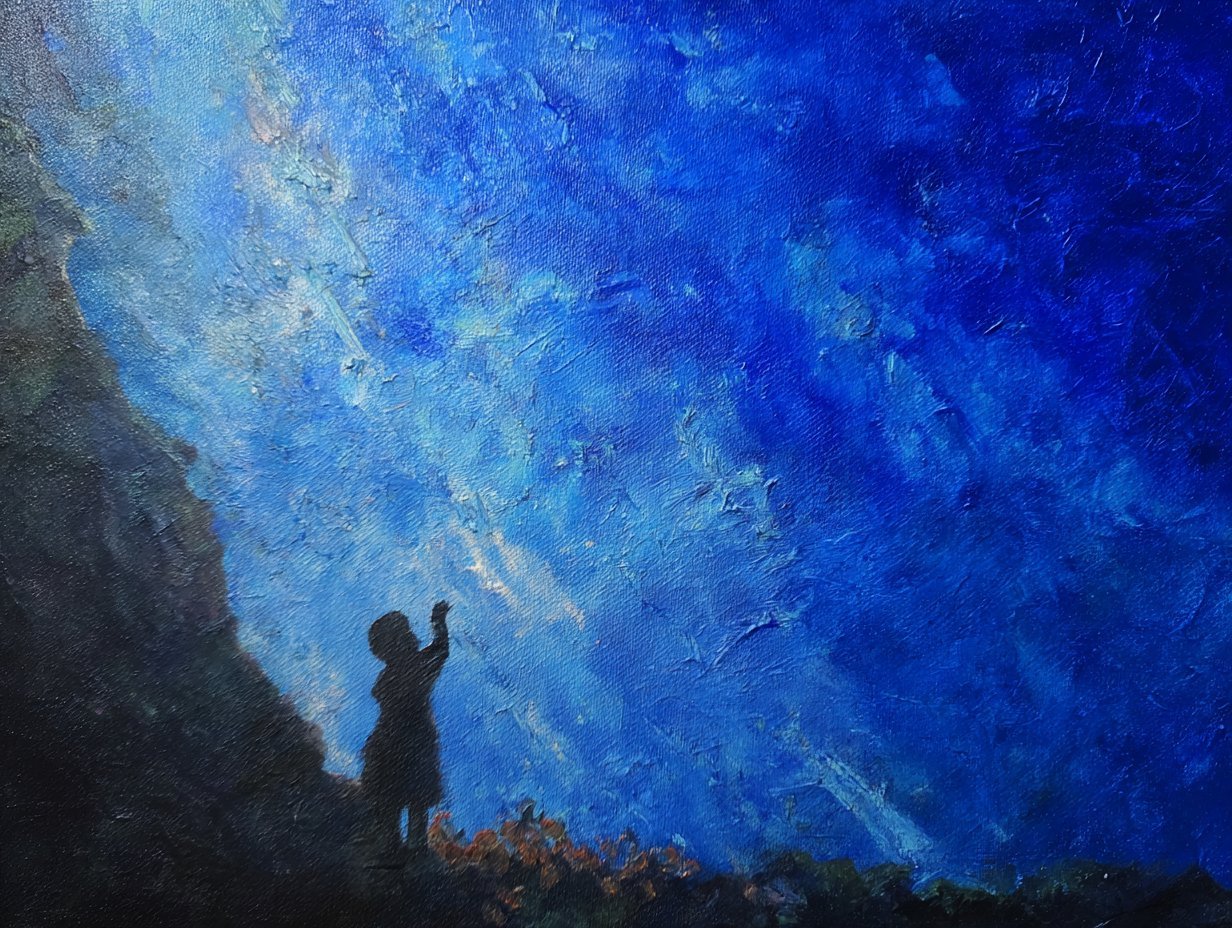 A child at the threshold, the world opening into deep blue
