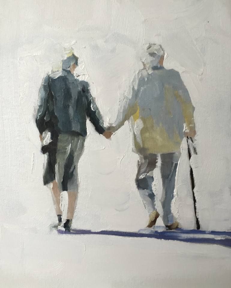 Two elderly figures holding hands, walking away together, one with a cane — backs to the viewer
